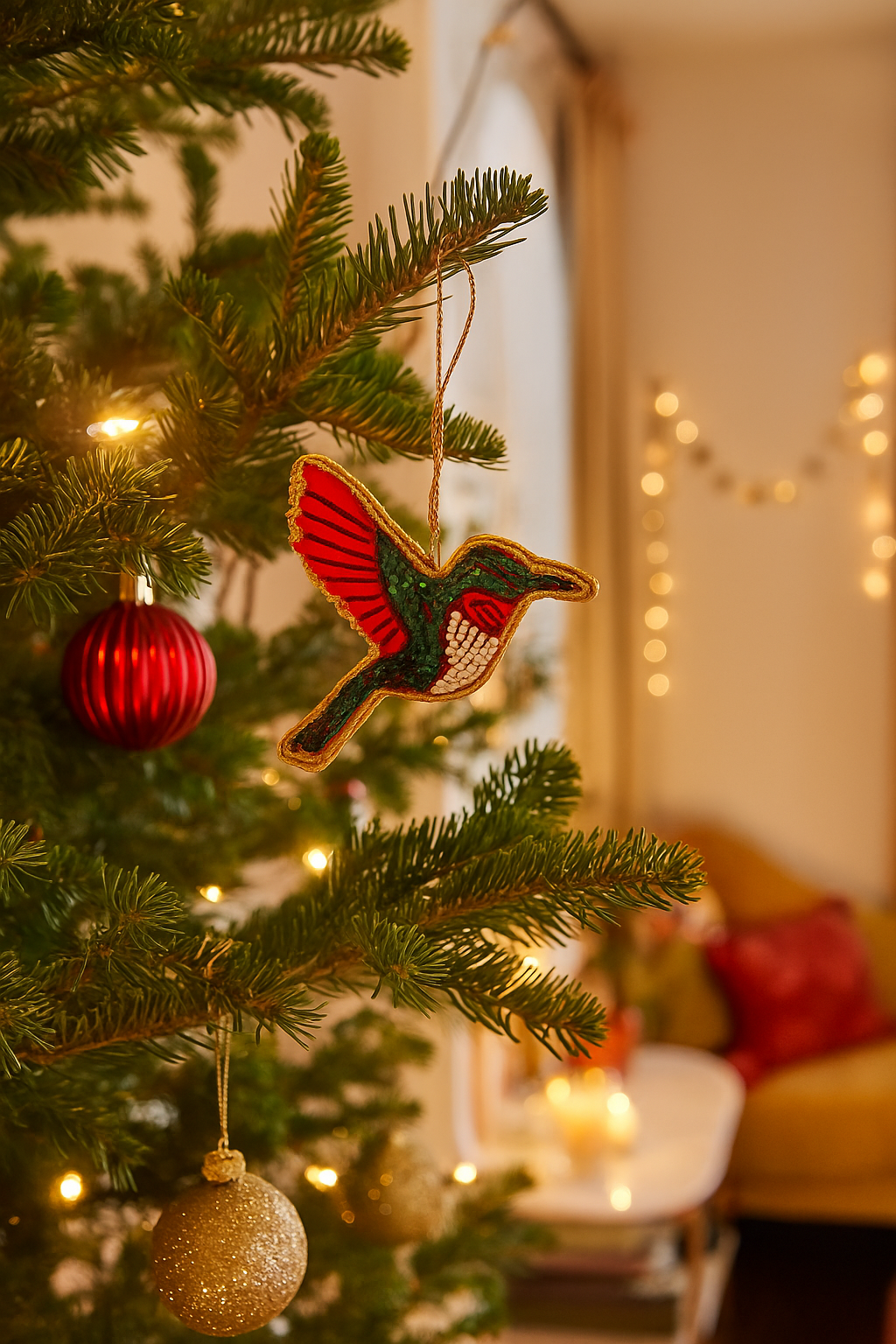 Fair Trade - Larissa Plush Hummingbird Beaded Fabric Ornament