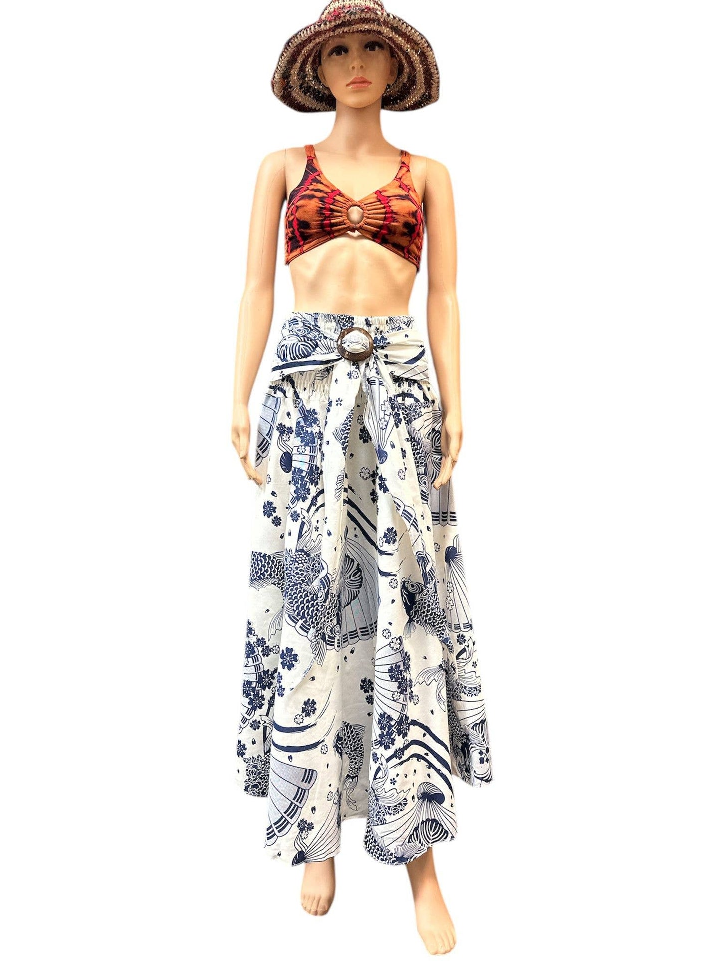 Rising International Inc - Cotton Blue Multi Print Coconut Button Skirt KTK408