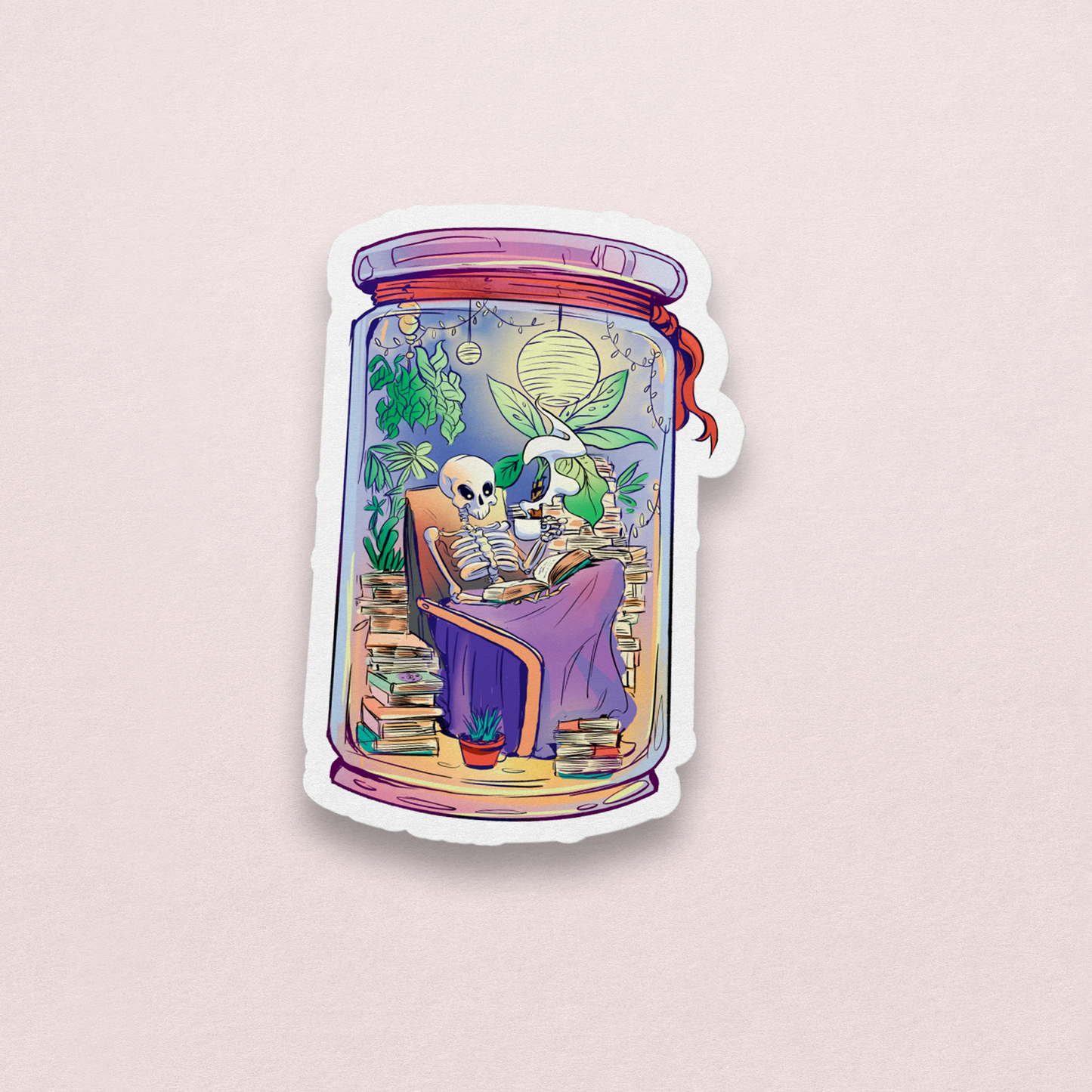 Skeleton Reading In A Jar Sticker