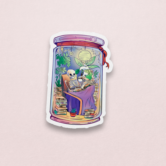Skeleton Reading In A Jar Sticker