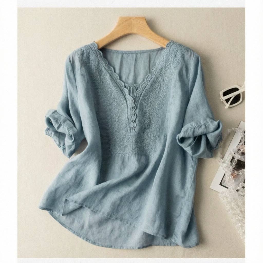 Ekartini - Linen Embroidered V-Neck Shirt