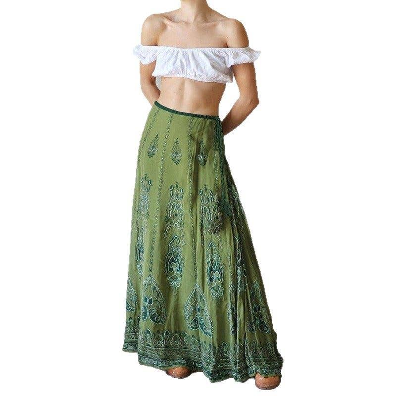 Ekartini - Vintage Boho Split Skirt With Patchwork And Frayed Hem