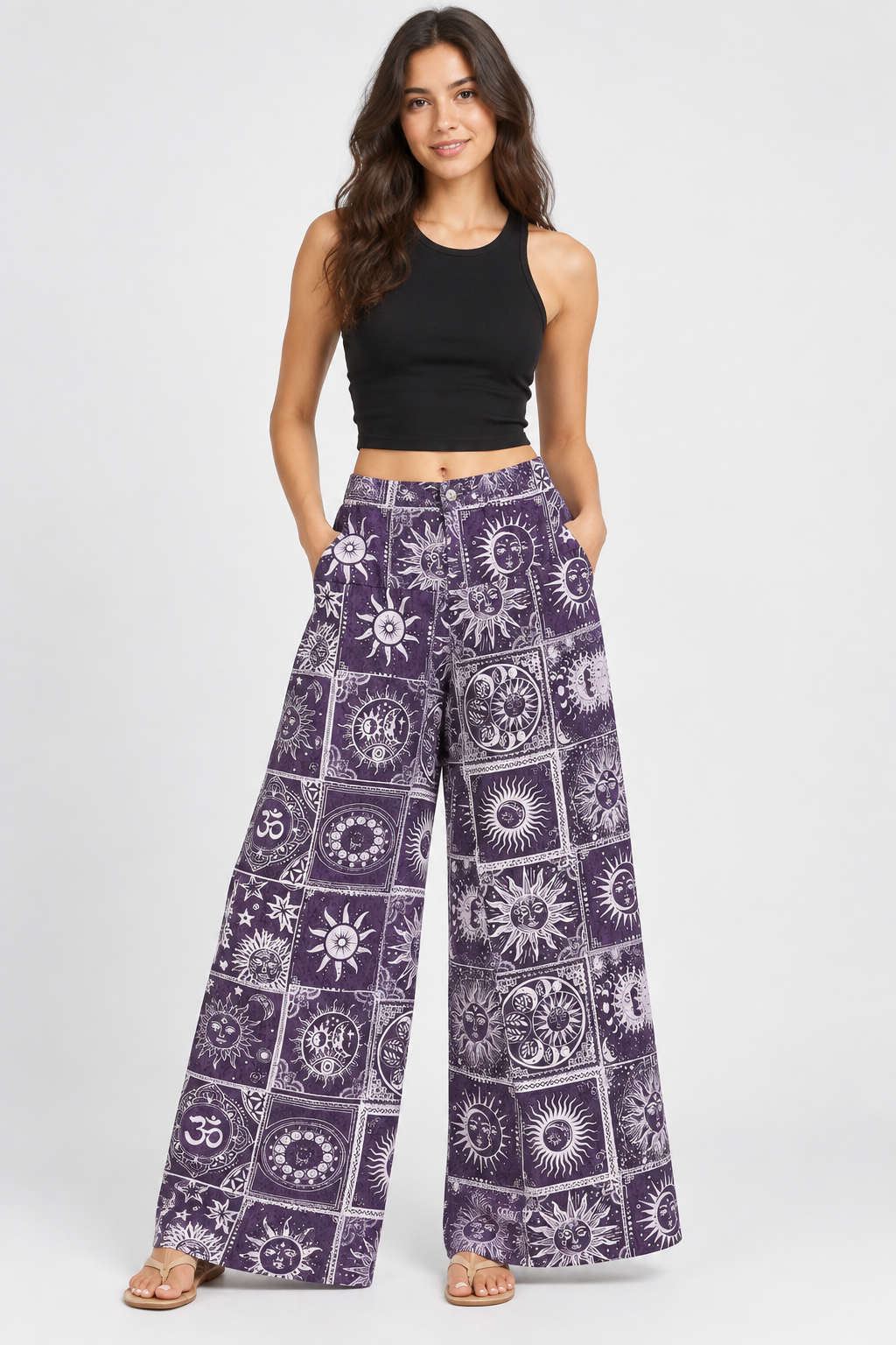 Rising International Inc - Cotton Artwork purple Sun Moon Palazzo Pant LF129
