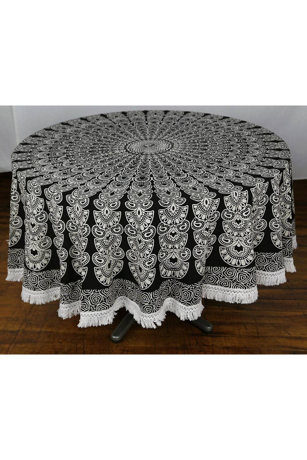 Sunshine Joy - Round Tablecloth Tapestry Black & White Fringed