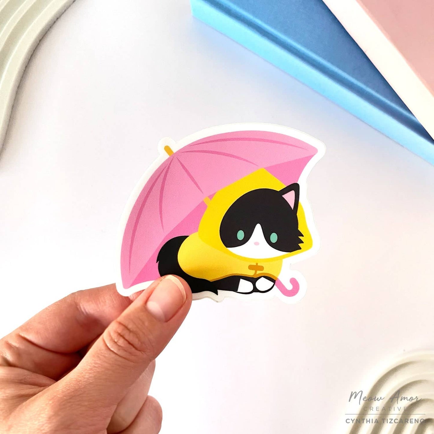 Rainy Day Tuxedo Cat Vinyl Sticker