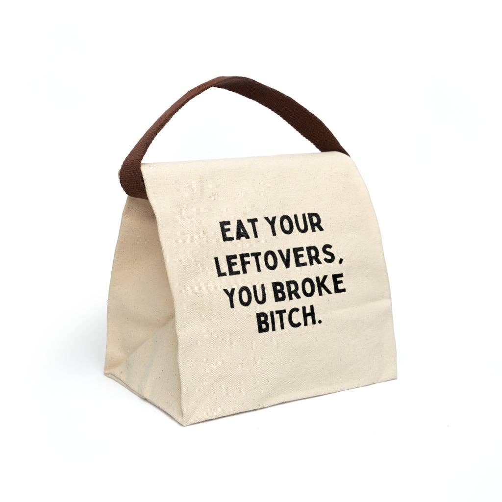 Eat Your Leftovers Canvas Lunch Bag With Strap: 8" x 12.5" x 5.5" / Natural