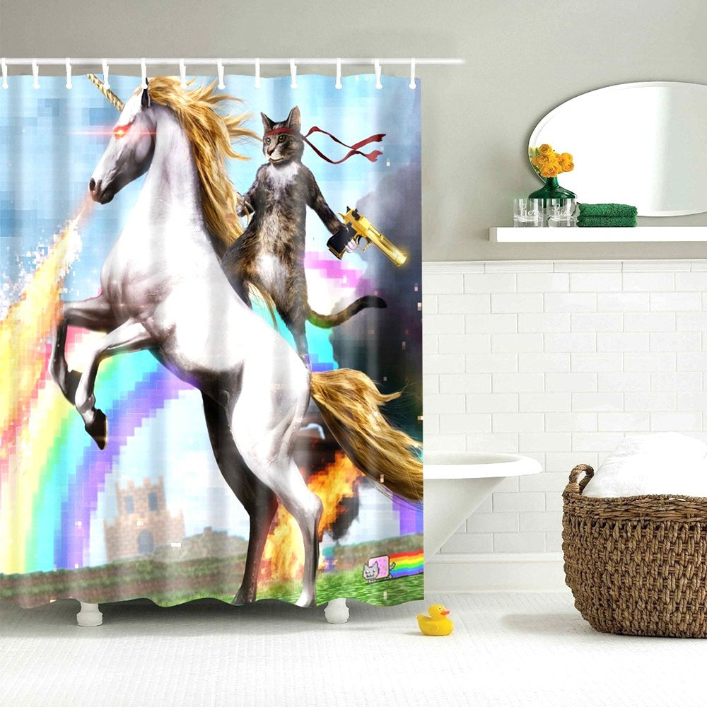 Cat Riding a Unicorn Shower Curtain