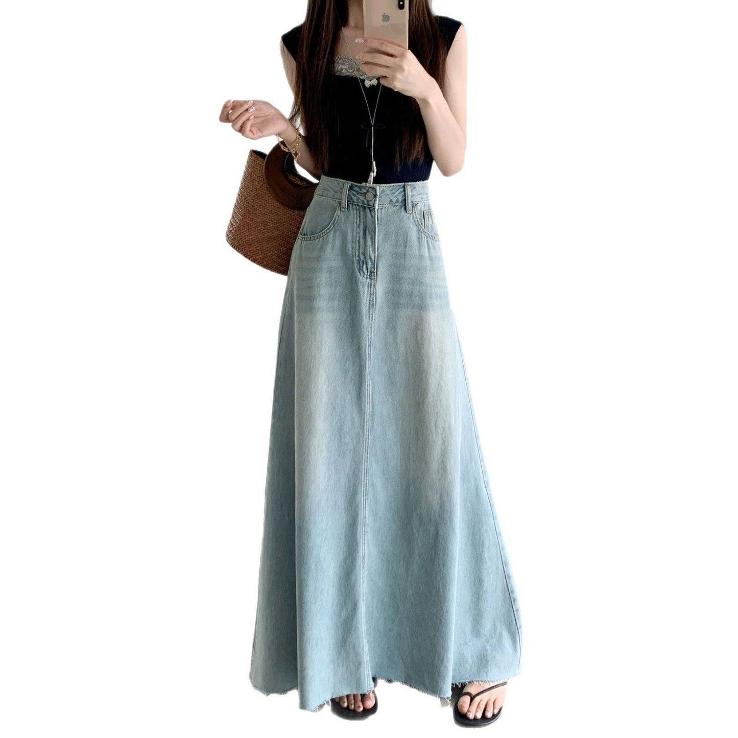 Ekartini - American Vintage Frayed Denim Skirt Women's A-Line Loose Fit