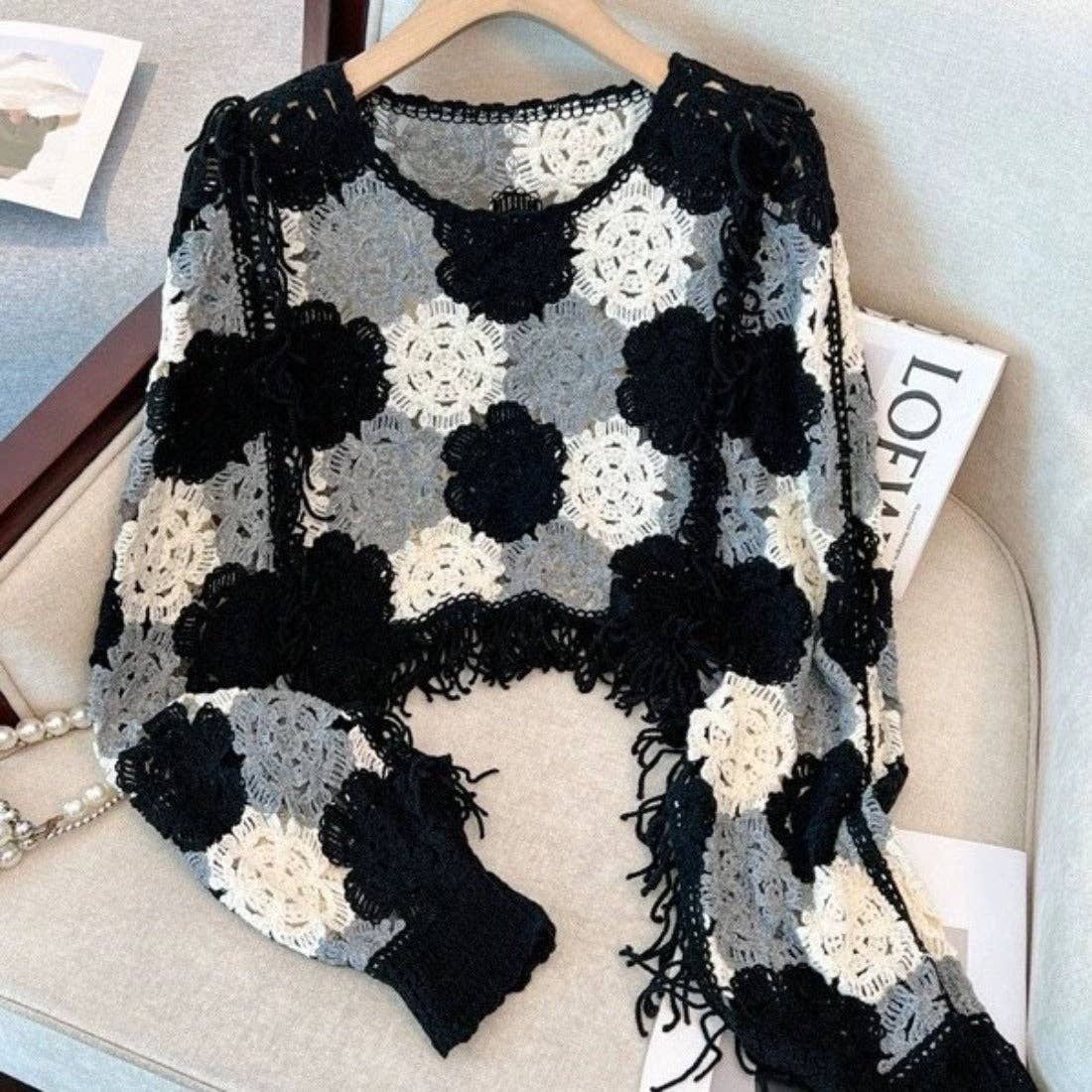 Funkyrel® Atzbranding Limited - Crosa - Floral Pattern Hollow Knit Sweater