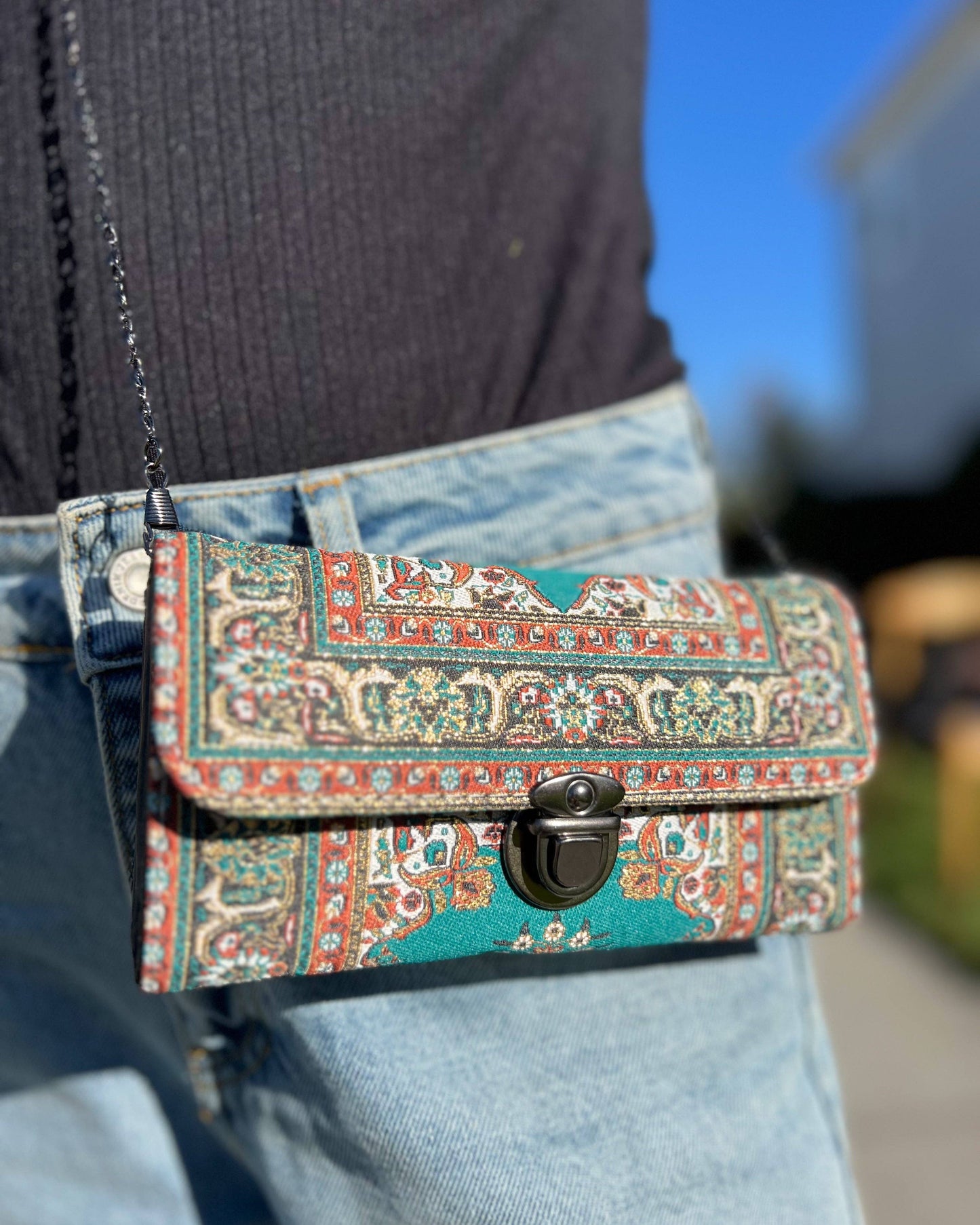 Umays Boho - Green Crossbody Bag, Rug Design Shoulder Bag, Small Cute Bag