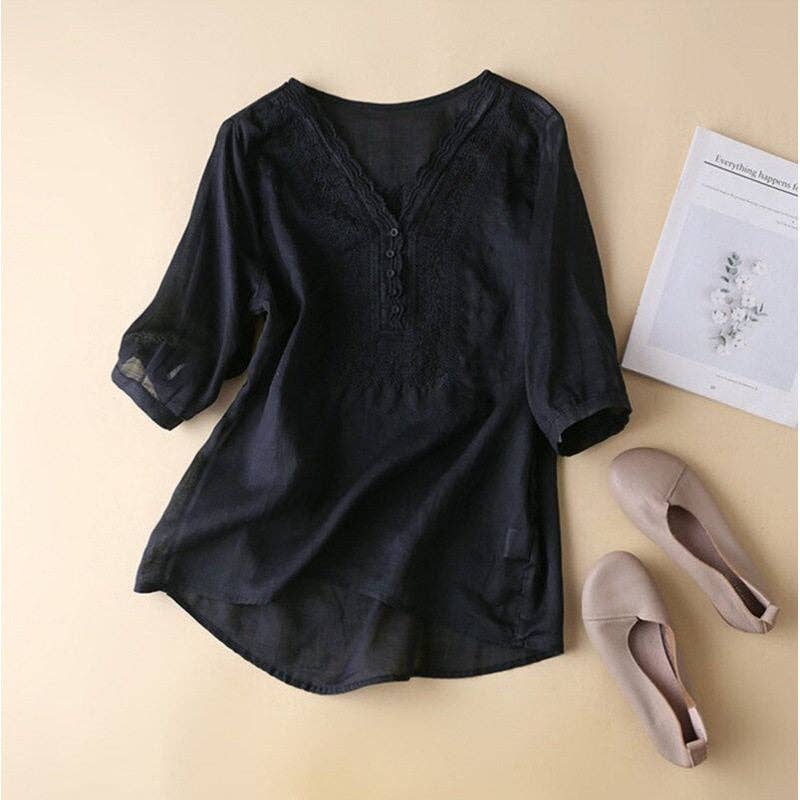 Ekartini - Linen Embroidered V-Neck Shirt