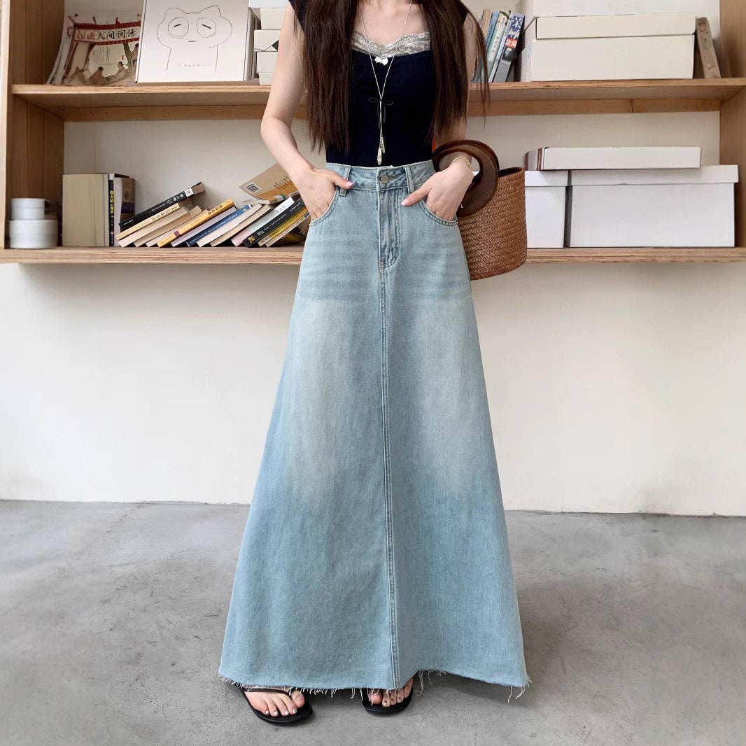 Ekartini - American Vintage Frayed Denim Skirt Women's A-Line Loose Fit