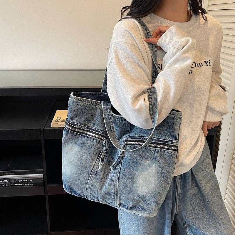 Ekartini - Vintage Denim Tote Bag Multi Pocket Shoulder Bag