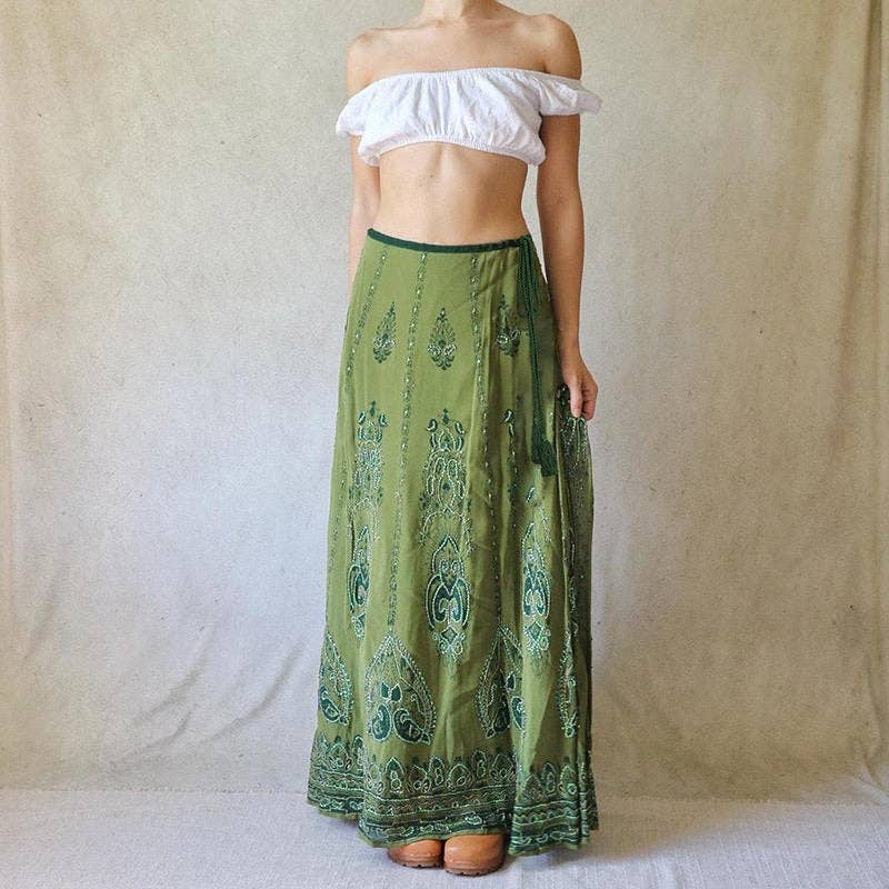 Ekartini - Vintage Boho Split Skirt With Patchwork And Frayed Hem