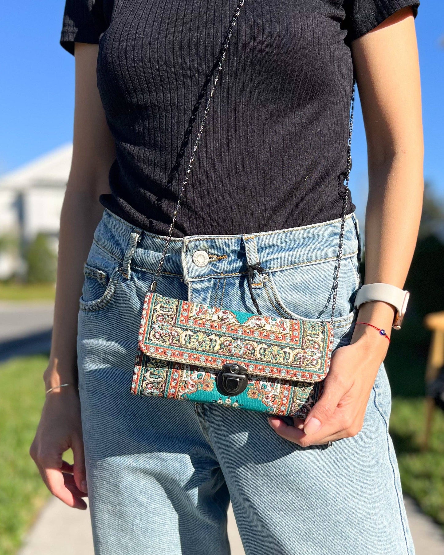 Umays Boho - Green Crossbody Bag, Rug Design Shoulder Bag, Small Cute Bag