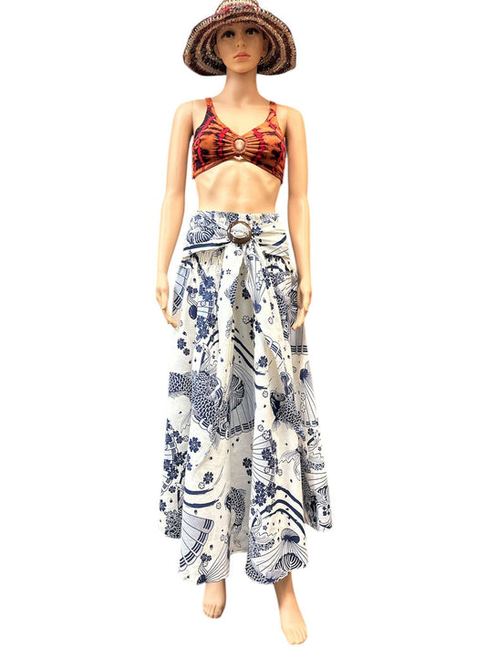 Rising International Inc - Cotton Blue Multi Print Coconut Button Skirt KTK408