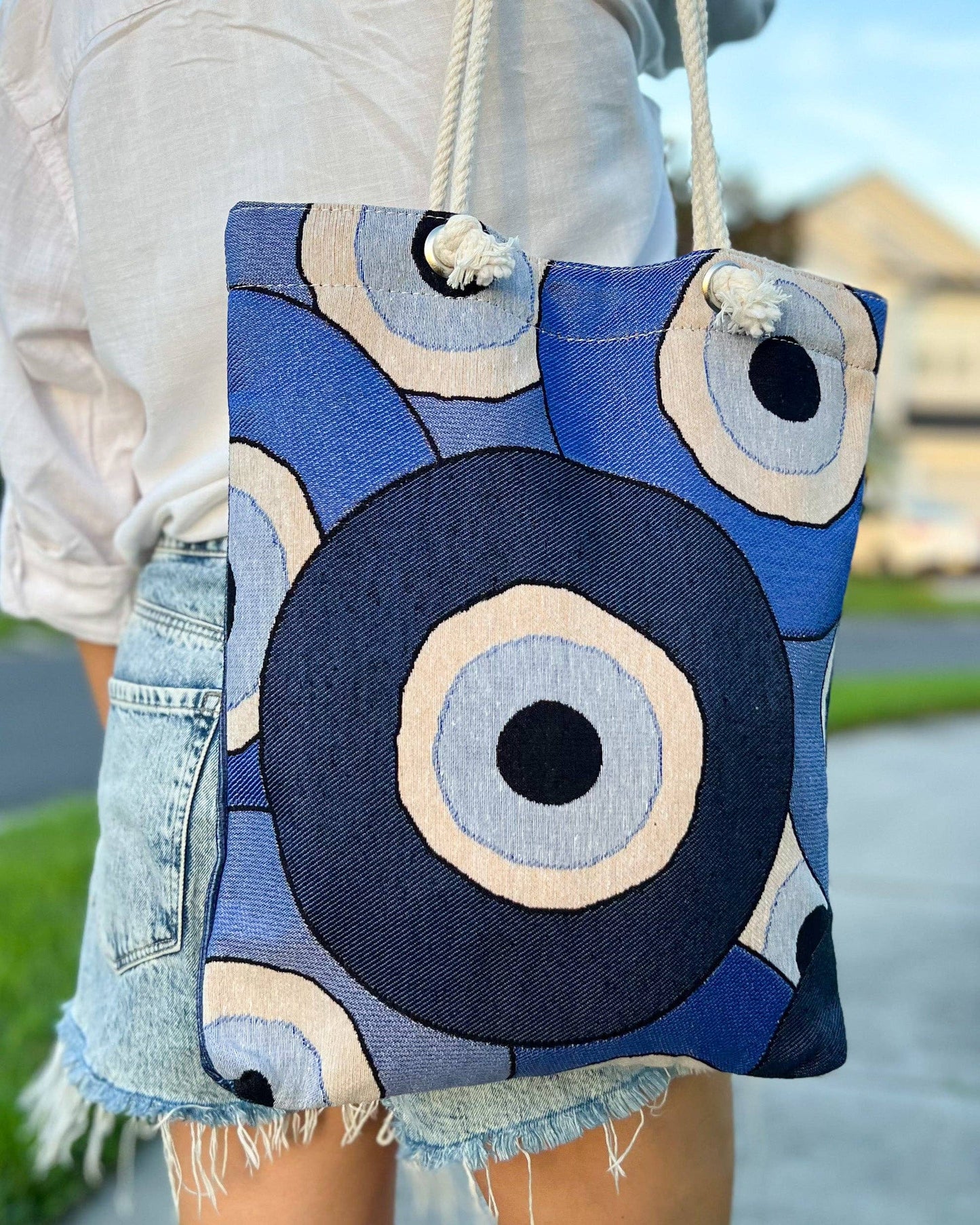 Umays Boho - Woven Fabric Shoulder Bag, Evil Eye Tote Bag