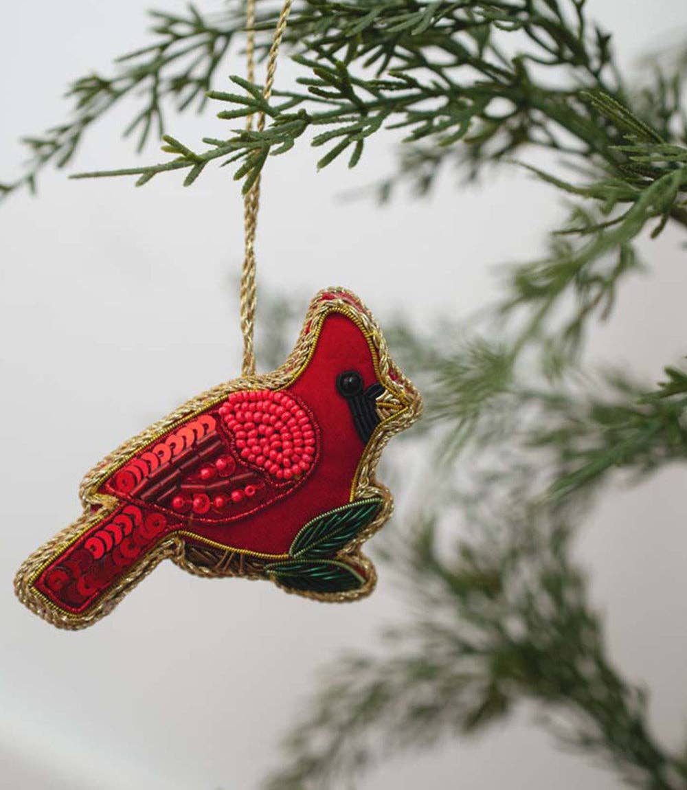 Fair Trade - Larissa Plush Cardinal Beaded Fabric Ornament - Embroidered