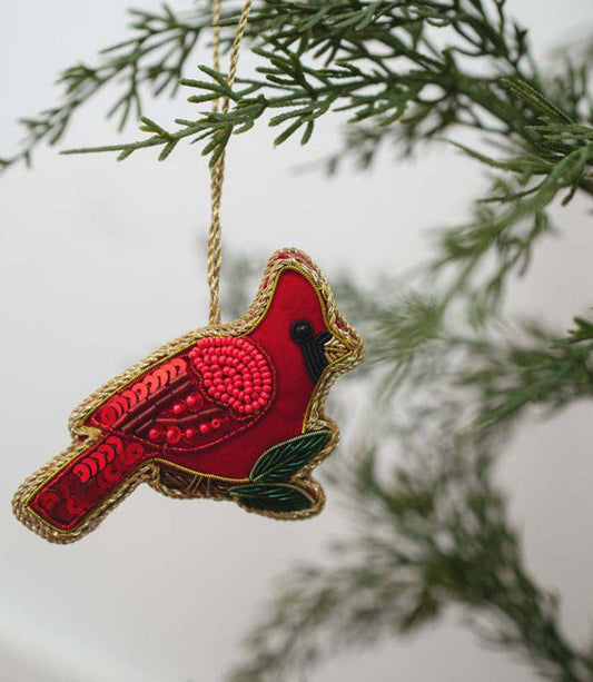 Fair Trade - Larissa Plush Cardinal Beaded Fabric Ornament - Embroidered