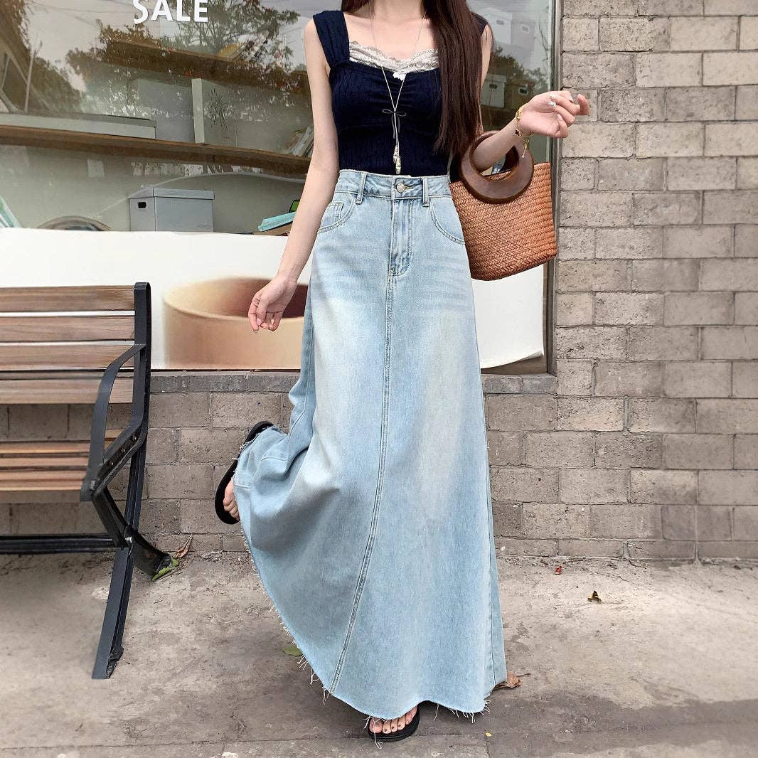 Ekartini - American Vintage Frayed Denim Skirt Women's A-Line Loose Fit