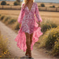 Ekartini - Bohemian V-Neck Long Sleeve Dress With Irregular Hem