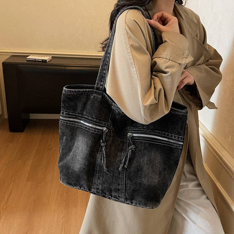 Ekartini - Vintage Denim Tote Bag Multi Pocket Shoulder Bag