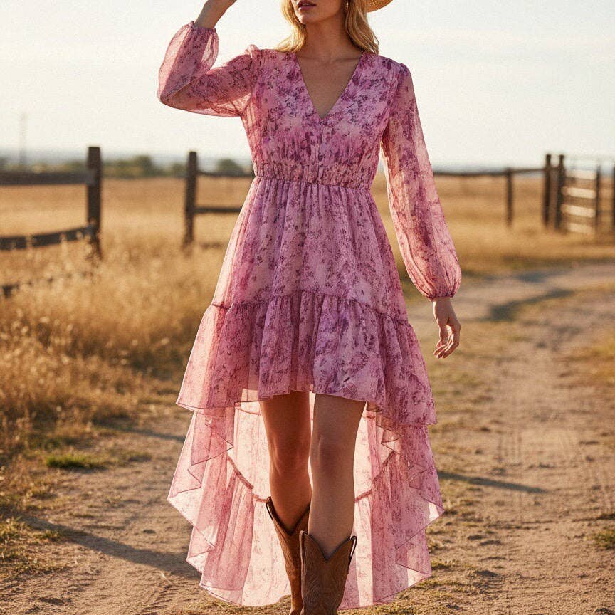 Ekartini - Bohemian V-Neck Long Sleeve Dress With Irregular Hem
