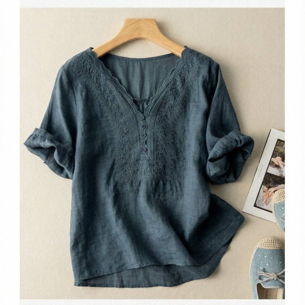 Ekartini - Linen Embroidered V-Neck Shirt
