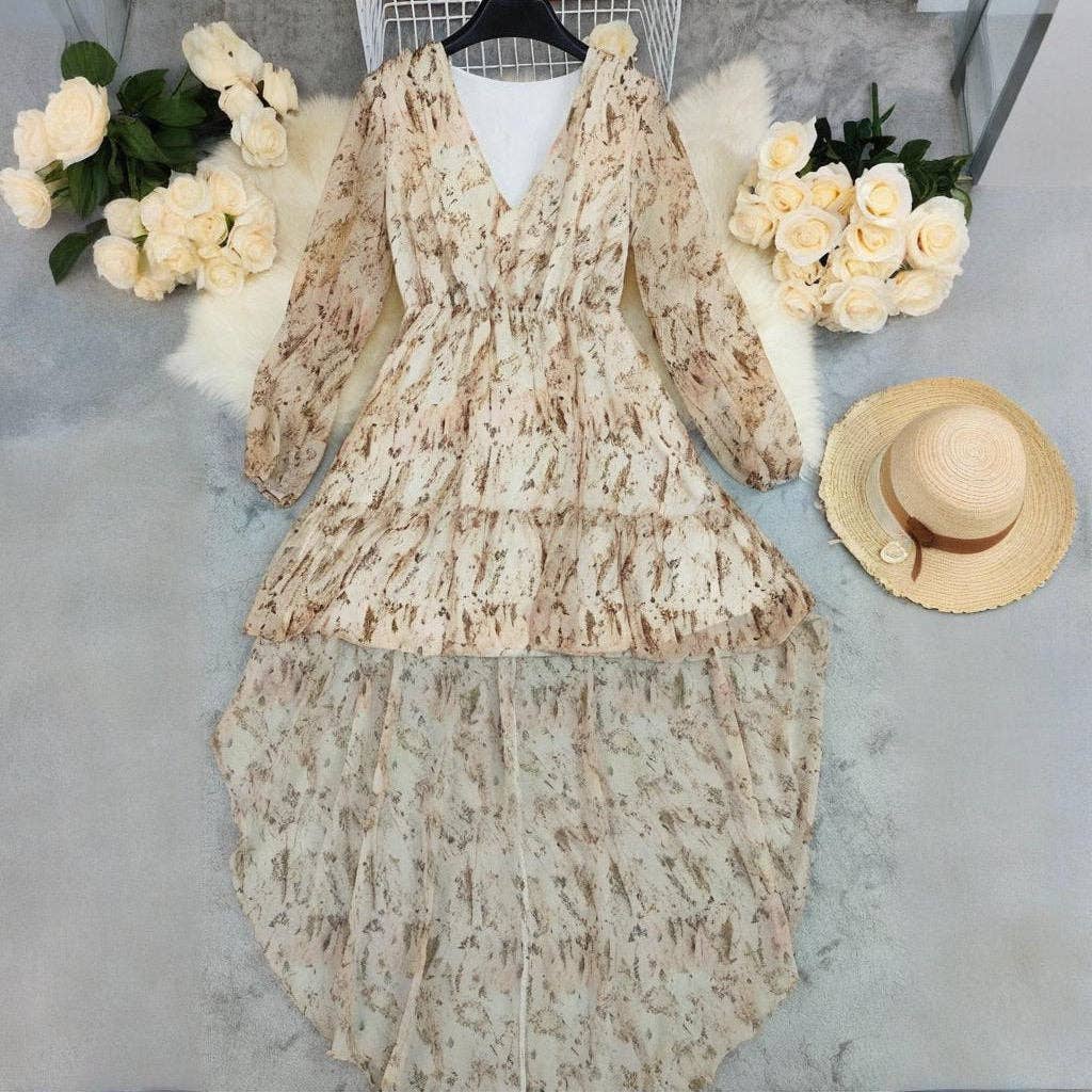 Ekartini - Bohemian V-Neck Long Sleeve Dress With Irregular Hem