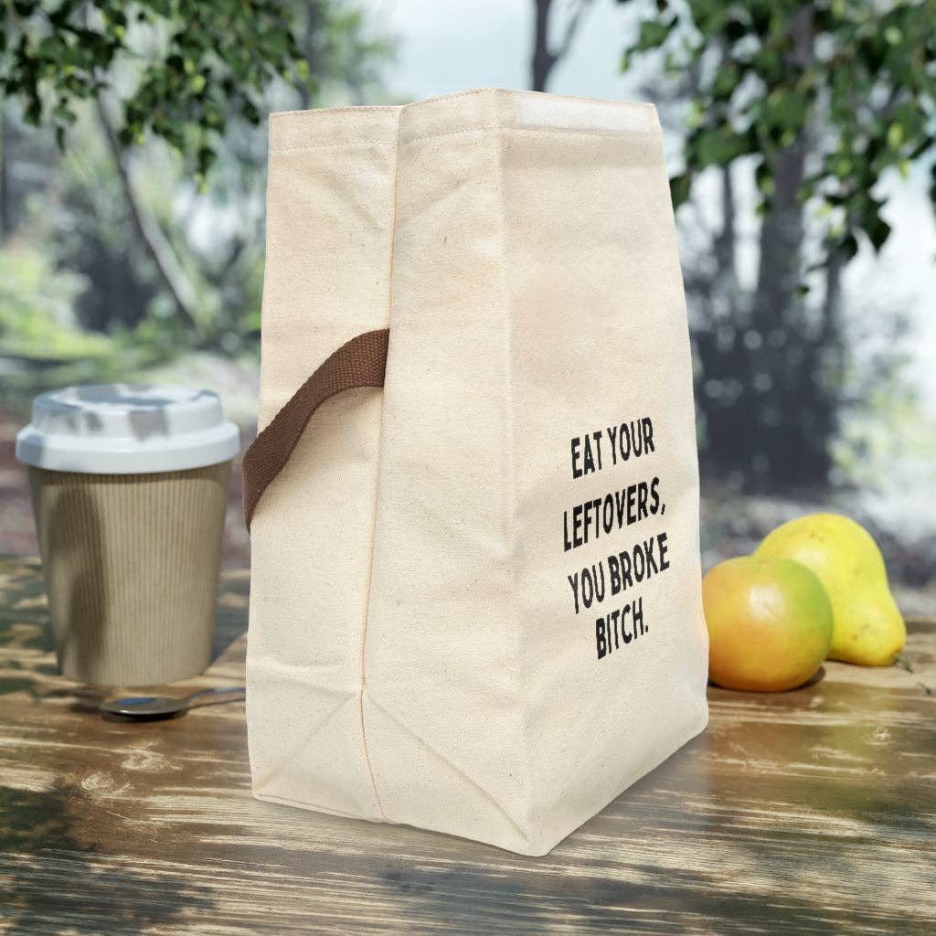 Eat Your Leftovers Canvas Lunch Bag With Strap: 8" x 12.5" x 5.5" / Natural