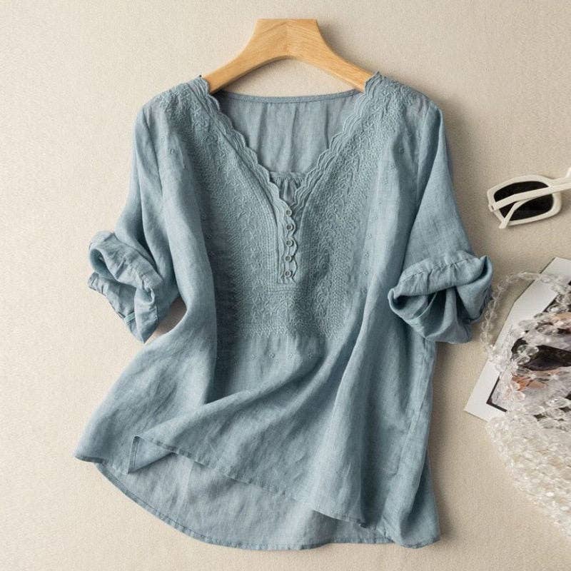 Ekartini - Linen Embroidered V-Neck Shirt