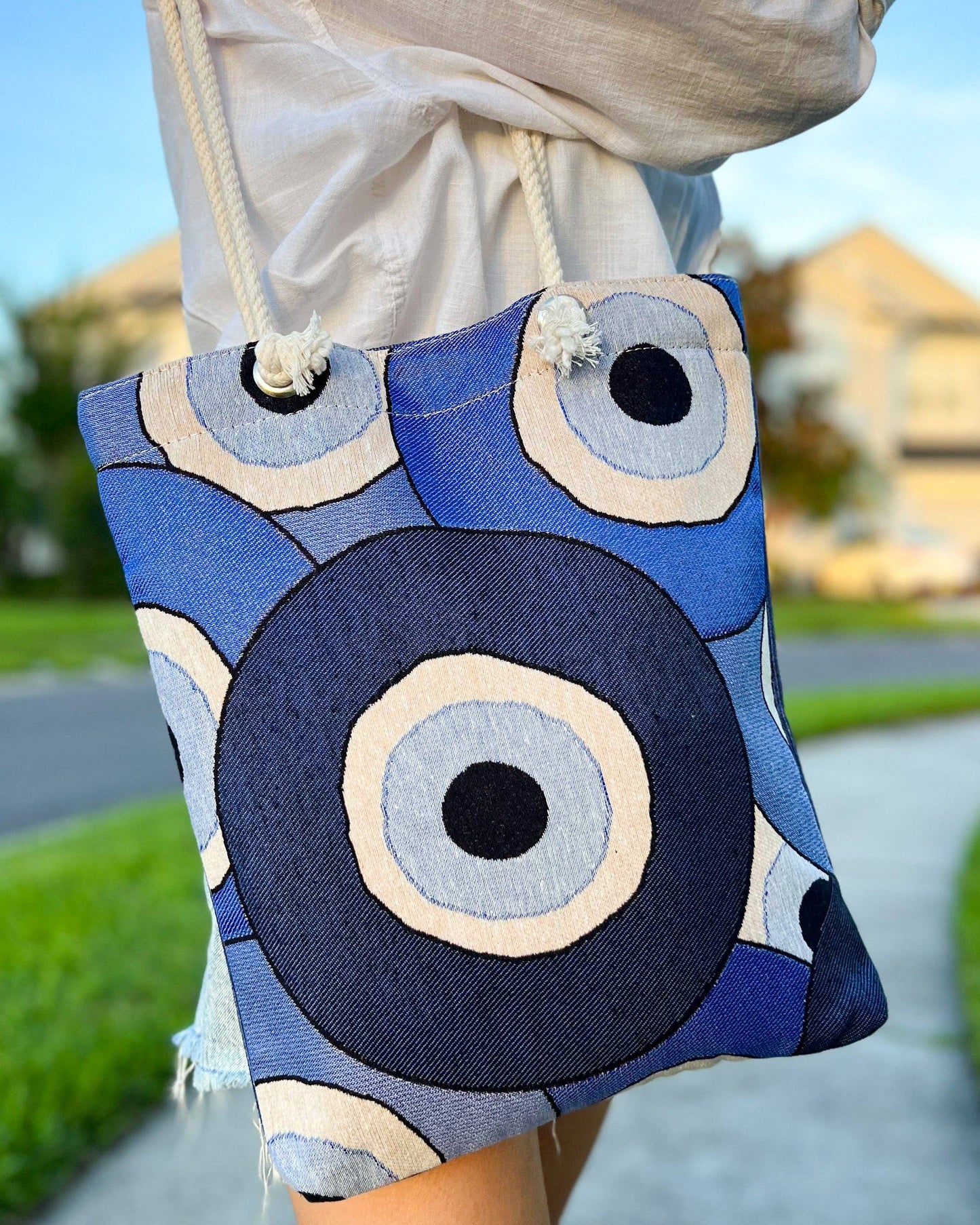 Umays Boho - Woven Fabric Shoulder Bag, Evil Eye Tote Bag