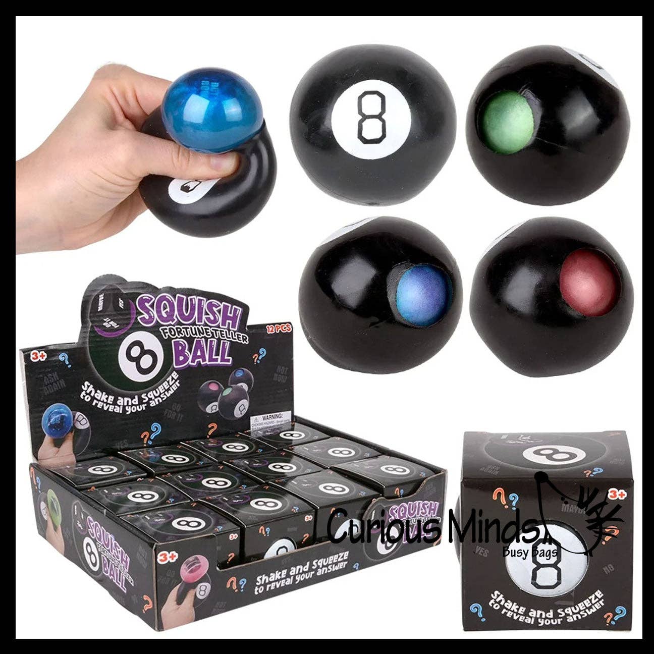 Curious Minds Toys - Squishy Fortune Teller 8 Ball Answering Black Ball Question Toy - Fortune Telling Toy - Classic Fun Predictor Toy - Answers Questions Stress Ball