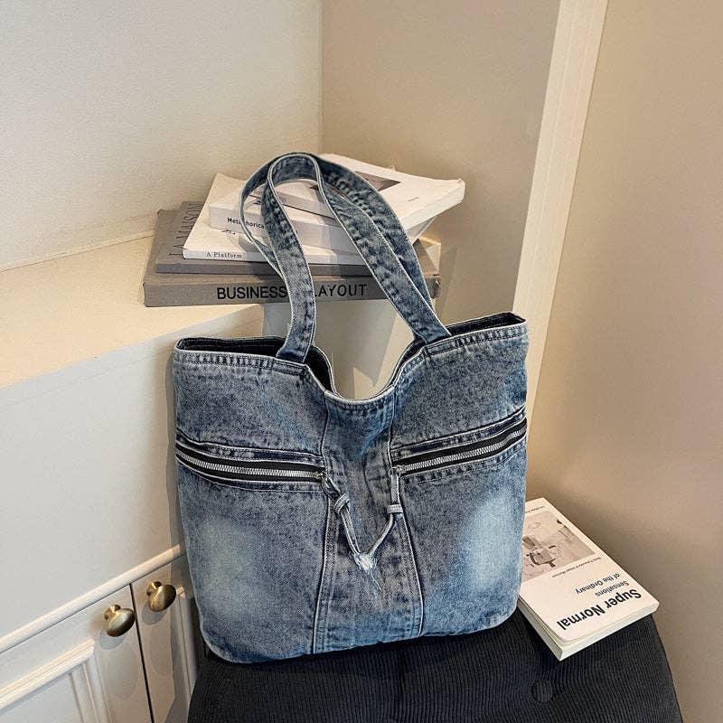 Ekartini - Vintage Denim Tote Bag Multi Pocket Shoulder Bag