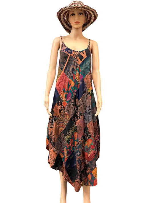 Rising International Inc - Rayon Red Multi Patchwork Boho Sun Dress KTY507