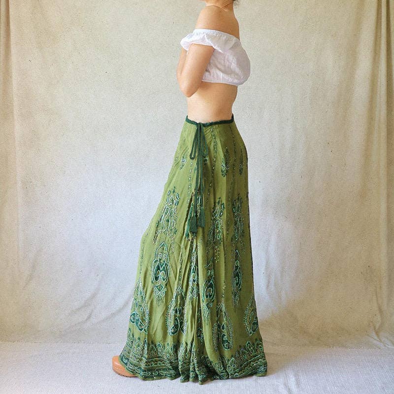 Ekartini - Vintage Boho Split Skirt With Patchwork And Frayed Hem