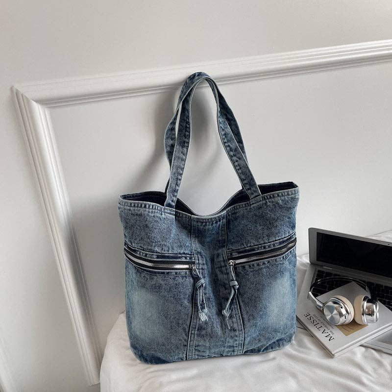 Ekartini - Vintage Denim Tote Bag Multi Pocket Shoulder Bag