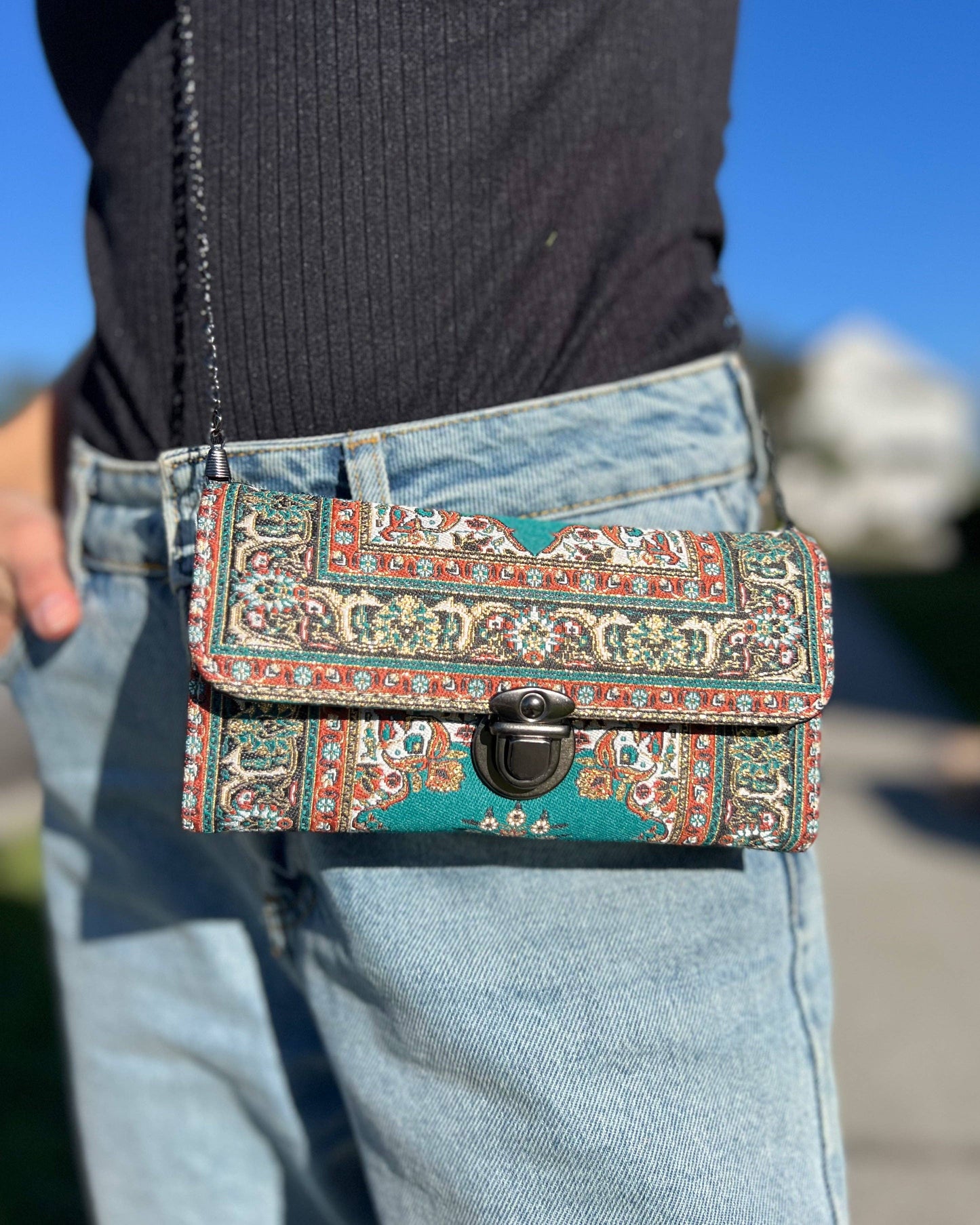 Umays Boho - Green Crossbody Bag, Rug Design Shoulder Bag, Small Cute Bag