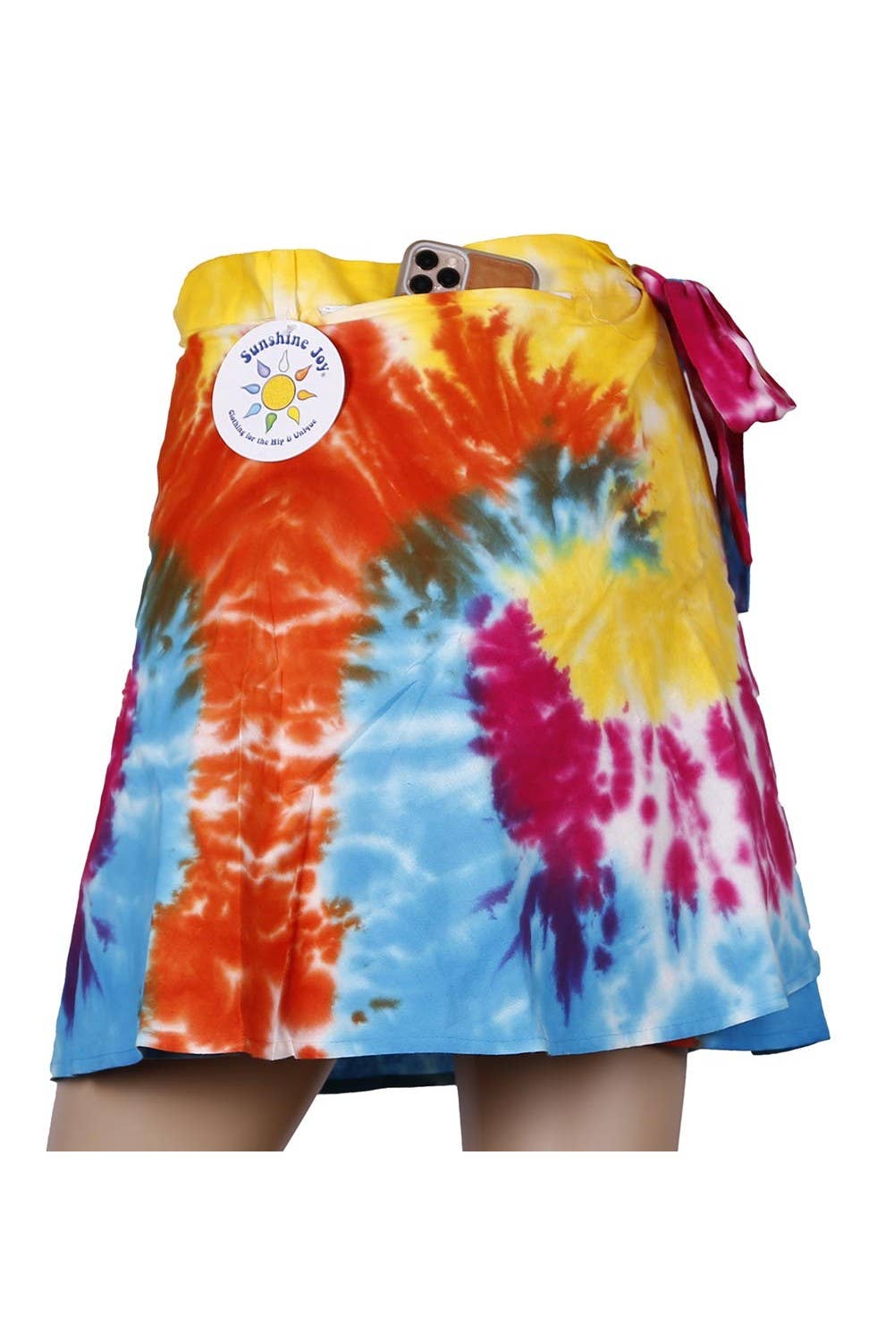 Sunshine Joy - Short Wrap Skirt With Zip Pocket Rainbow Tie Dye