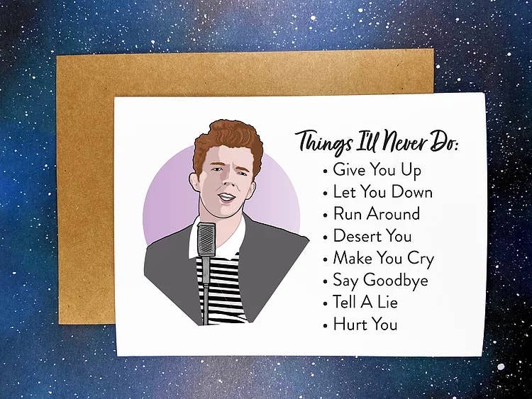 Postcard Rickrolling “Things I’ll Never Do” Rick Astley Rick Roll Greeting Card – Snark Gifts