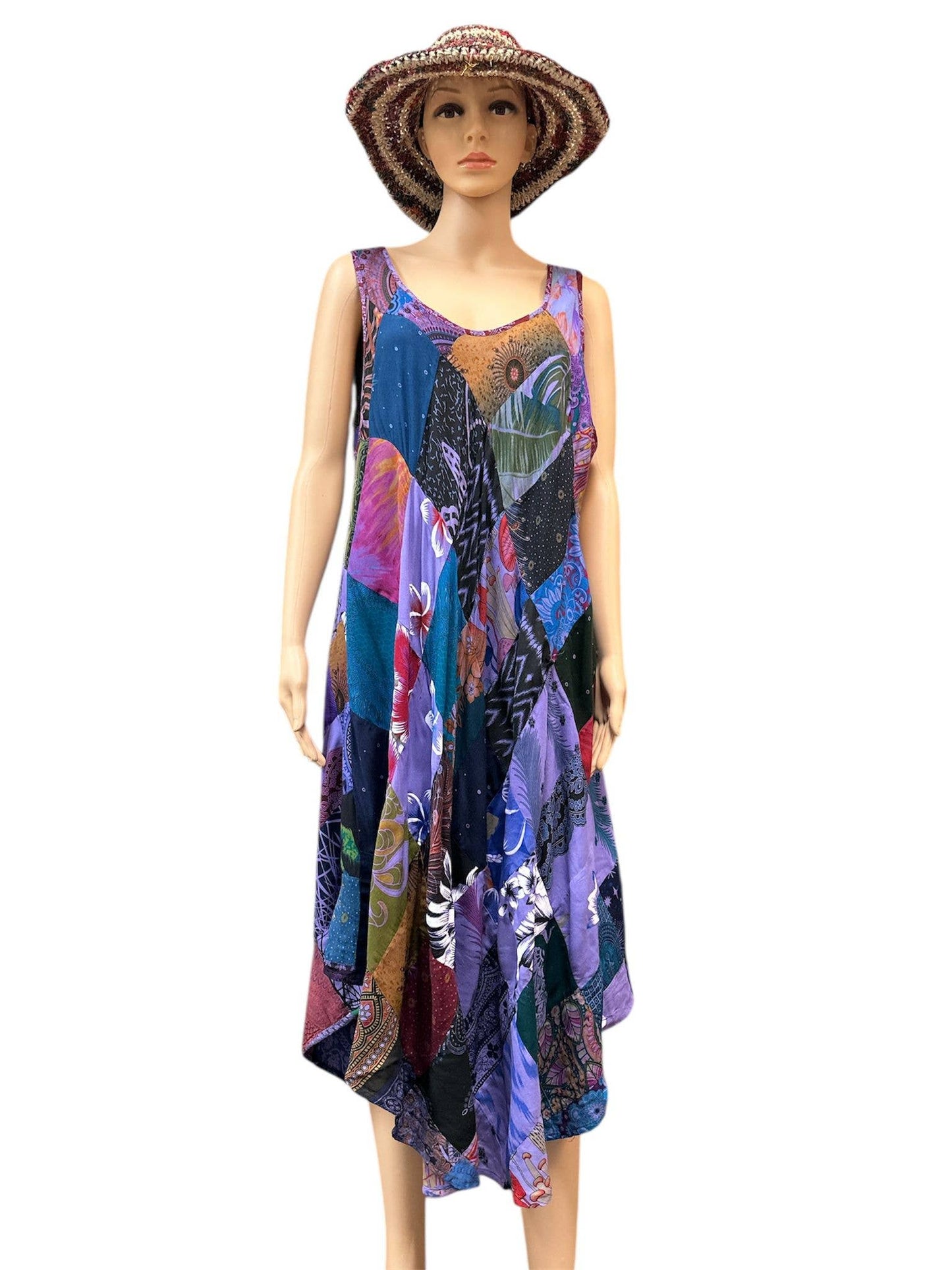 Rising International Inc - Rayon Blue Multi Patchwork Sun Dress KTY511