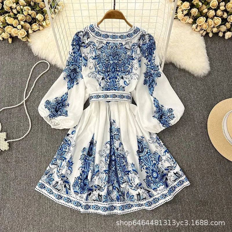 Ekartini - 2024 Fall Bohemian Print V-Neck Long Sleeve Dress