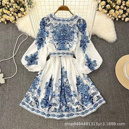 Ekartini - 2024 Fall Bohemian Print V-Neck Long Sleeve Dress
