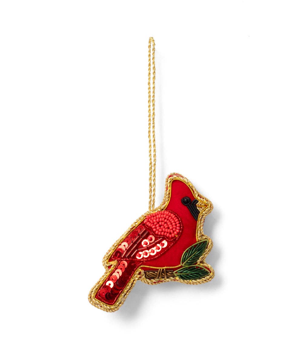 Fair Trade - Larissa Plush Cardinal Beaded Fabric Ornament - Embroidered