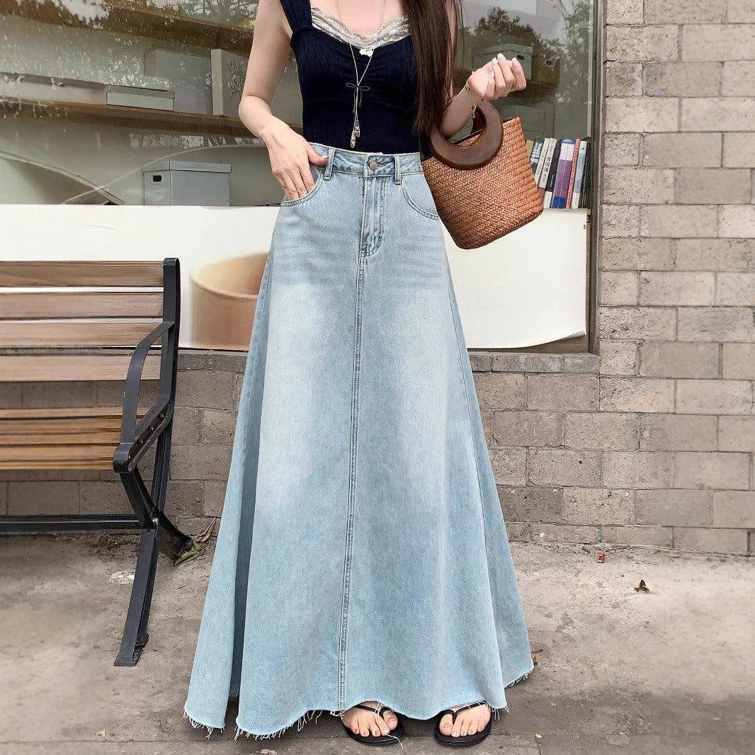 Ekartini - American Vintage Frayed Denim Skirt Women's A-Line Loose Fit