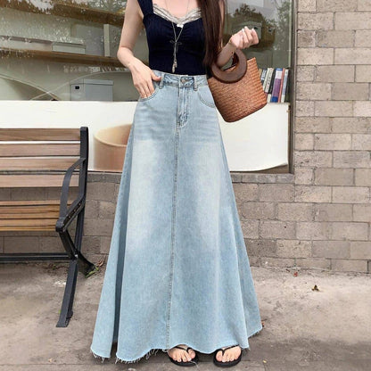 Ekartini - American Vintage Frayed Denim Skirt Women's A-Line Loose Fit