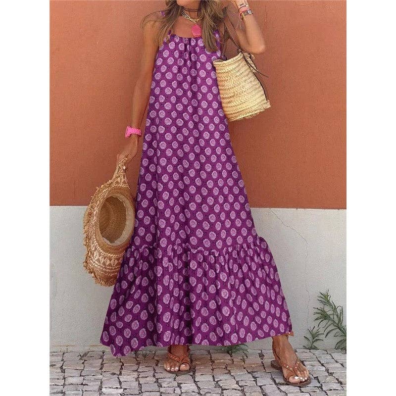 Ekartini - Flounce Print V-Neck Loose Maxi Dress