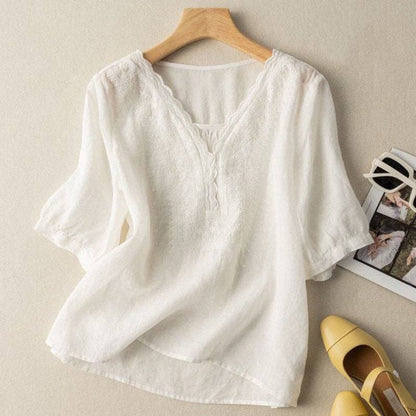 Ekartini - Linen Embroidered V-Neck Shirt