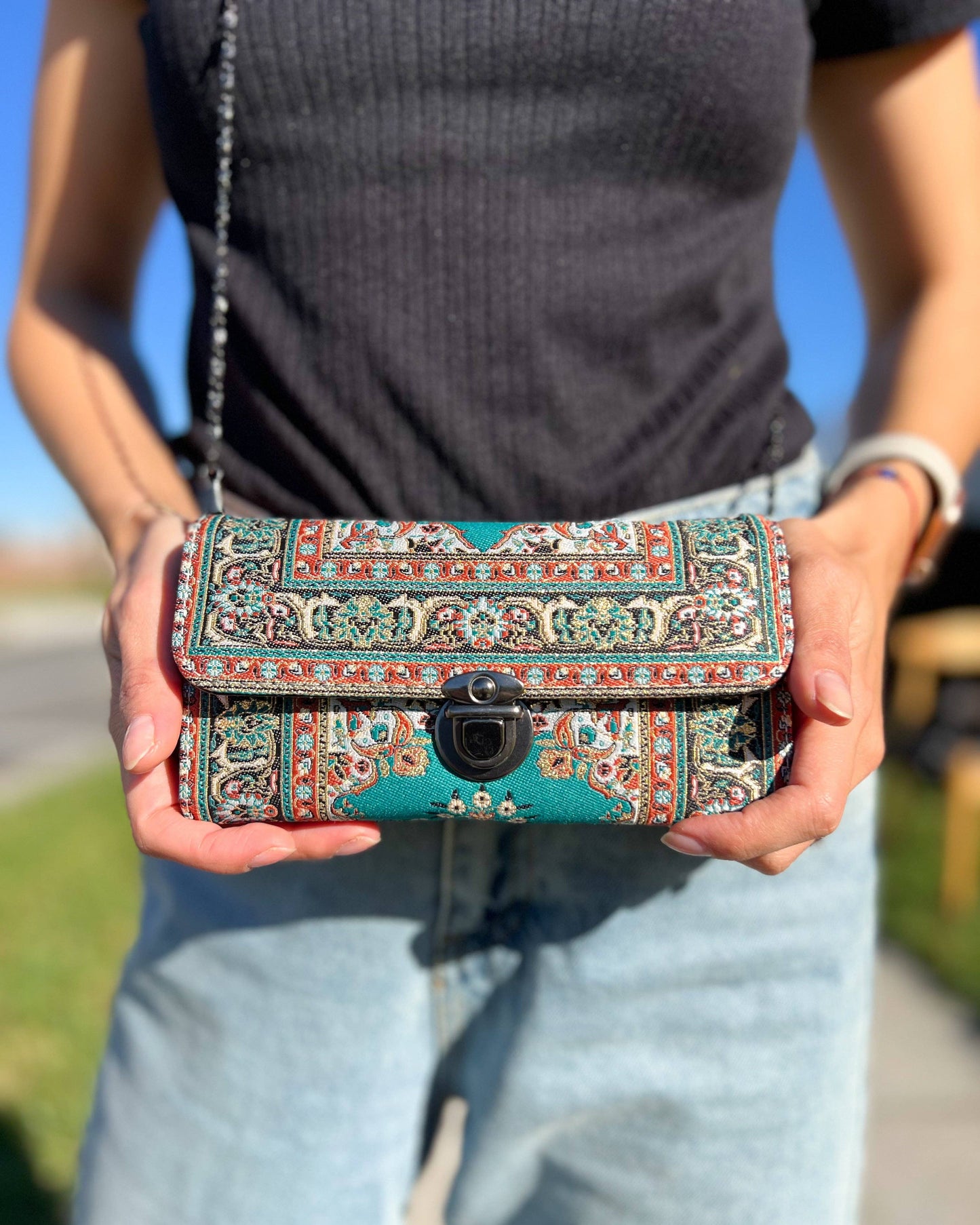 Umays Boho - Green Crossbody Bag, Rug Design Shoulder Bag, Small Cute Bag