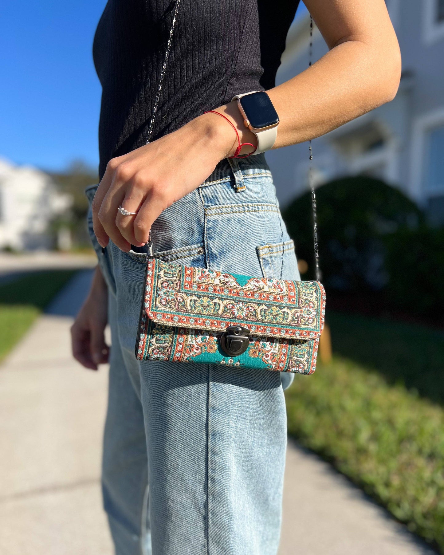 Umays Boho - Green Crossbody Bag, Rug Design Shoulder Bag, Small Cute Bag